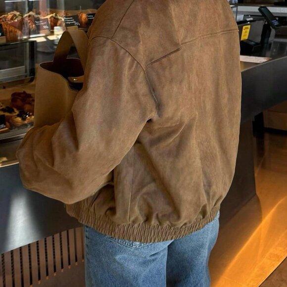 Khaki Casual Women's Loose Pocket Oversized faux Suede Jacket - Picture 2 of 5